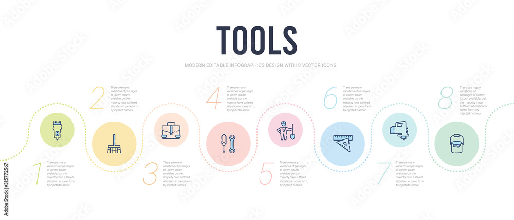 tools concept infographic design template. included open paint bucket, carpenter cutter, school ruler, working shovel, garage screwdriver, businessman portfolio icons