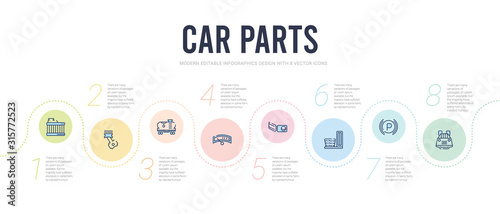 car parts concept infographic design template. included car parcel shelf, car parking light, pedal, petrol cap, petrol gauge, petrol tank icons