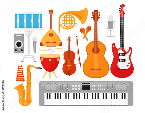 Music instruments flat vector illustrations set. Acoustic and electric guitars isolated on white background. Percussion, string and wind instruments pack. French horn, synthesizer, violin, drums.