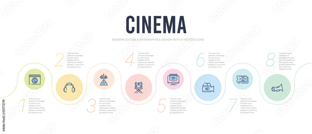 cinema concept infographic design template. included cinematographic announcer, cinema ticket with a star, hd video, 3d video, director film chair, trophy with a star icons