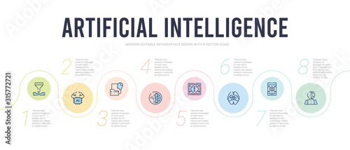 artificial intelligence concept infographic design template. included replacement, smartphone, gaming, coins, database, file transfer icons