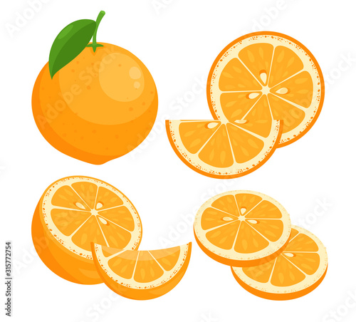 Oranges flat vector illustrations set. Juicy ripe citrus whole in peel with leaf isolated pack on white background. Summer natural fresh fruit slices with seeds design elements collection.
