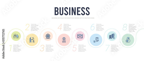 business concept infographic design template. included money sack, corporation, mortgage loan, nepalese, journalist id card, big wheel icons