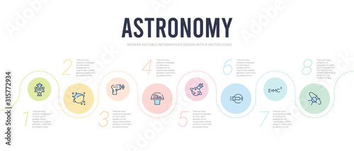 astronomy concept infographic design template. included quasar, relativity, simulator, space collision, space colony, space gun icons