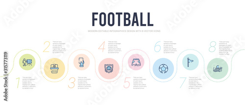 football concept infographic design template. included player substitution, pennant, soccer ball, football shorts, badge, card icons