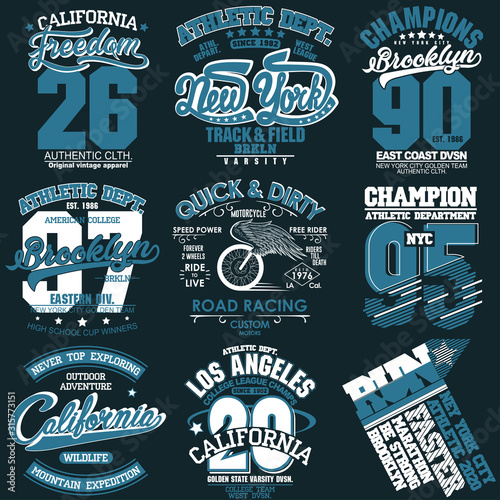 T-shirt stamp graphic set. Sport wear typography emblem