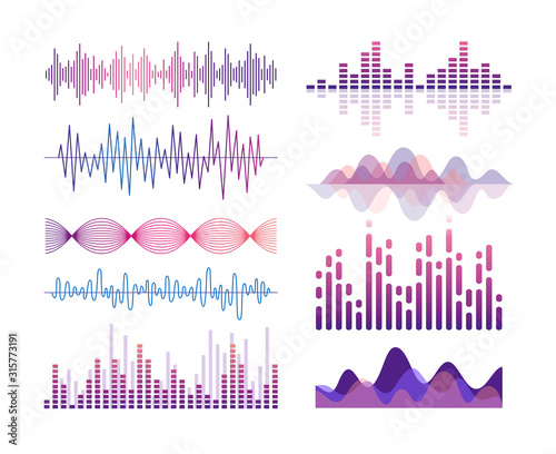 Sound waves vector color illustrations set. Audio effects visualization. Music player equalizer. Song, voice vibration. Violet lines and curves isolated design elements pack. Soundtrack rhythm.