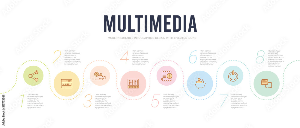 multimedia concept infographic design template. included conversation speech bubbles, start button, science conference, paid, music controller, cinema reel video camera icons multimedia concept infographic design template. included conversation speech bubbles, start button, science conference, paid, music controller, cinema reel video camera icons