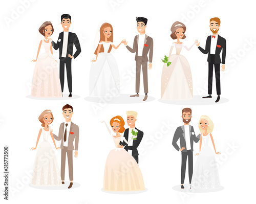 Wedding couples flat vector illustrations set. Bride and groom cartoon characters pack. Engagement ceremony. Woman in white bridal dress with veil and man in festive costume. Newlyweds collection.