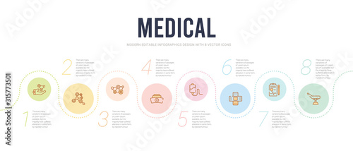 medical concept infographic design template. included table of treatments, diagnostic, plastering, plasma, nurse cross, molecular configuration icons