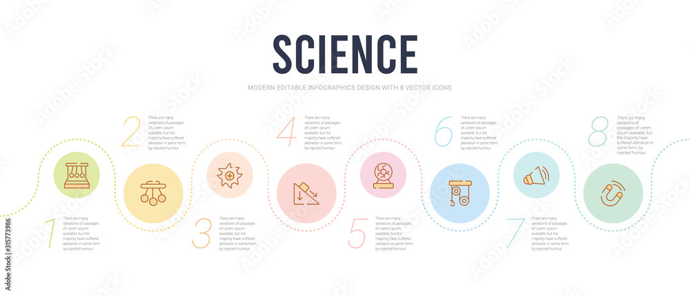 science concept infographic design template. included magnetism, sound, pulley, plasma ball, force, vortex icons