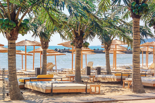 Coastal landscape - view of the beach umbrellas and loungers, city of Varna, on the Black Sea coast of Bulgaria photo