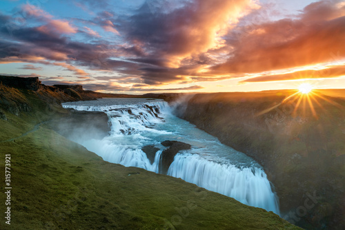 Fototapeta Naklejka Na Ścianę i Meble -  Gullfoss waterfall Iceland sunset