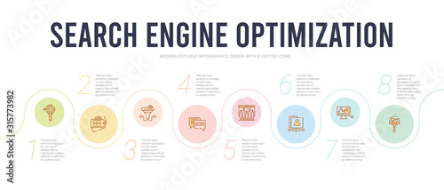 search engine optimization concept infographic design template. included keywords, monitoring, sha folder, ranking, speech bubbles, funnel icons