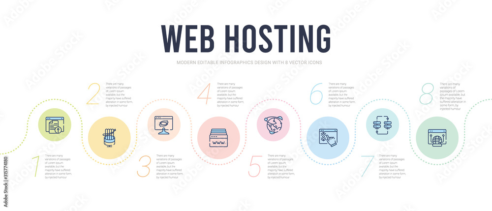web hosting concept infographic design template. included dns, raid, scrolling, globe network, domains, forwarding icons