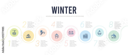 winter concept infographic design template. included sled, bauble, chalet, christmas day, hot drink, candy icons