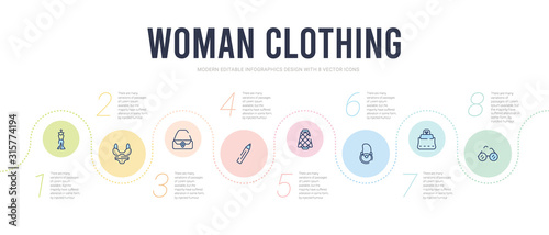 woman clothing concept infographic design template. included round eyeglasses, female black handbag, handbag elegant, yarn spool, eyes makeup pencils, female handbag icons