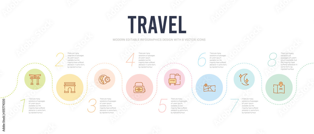 travel concept infographic design template. included unfolded map with location mark, basic moon, road map and pin, suitcases, baby bag, time zone icons