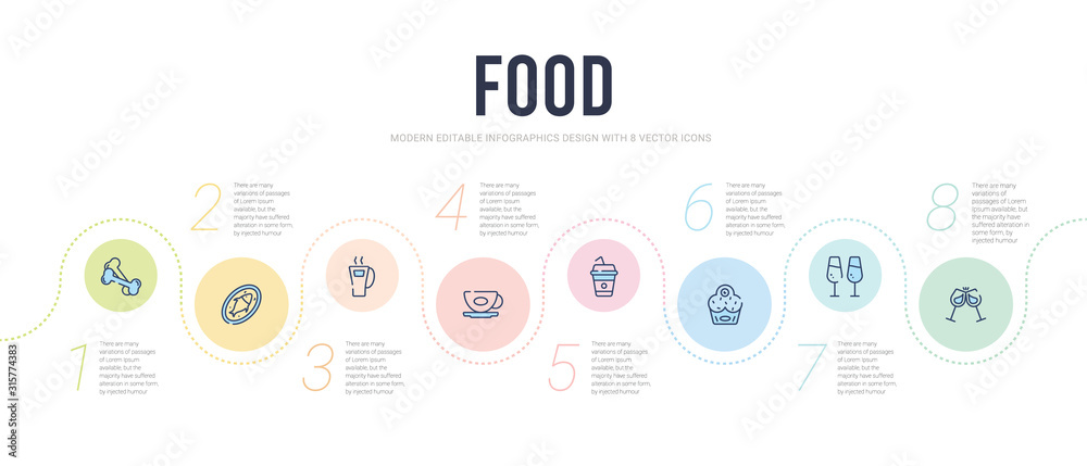 food concept infographic design template. included apple with leaf, stemware, glasses of wine, zombie muffin, disposable paper cup, hot drinks icons food concept infographic design template. included apple with leaf, stemware, glasses of wine, zombie muffin, disposable paper cup, hot drinks icons