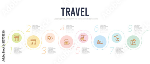 travel concept infographic design template. included unfolded map with location mark, basic moon, road map and pin, suitcases, baby bag, time zone icons photo