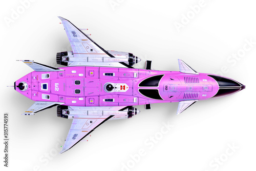 Fototapeta Naklejka Na Ścianę i Meble -  cool spaceship parked on white background bird eye view