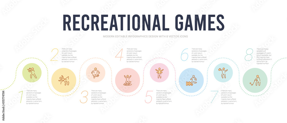 Fototapeta premium recreational games concept infographic design template. included people playing golf, people playing handball, people playing hopscotch, hula hop, jumping, jumping rope icons