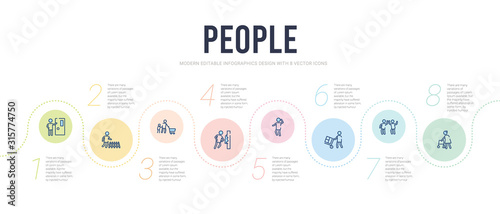 people concept infographic design template. included old lady walking, dancing man, worker loading, man hearing, man pushing a door with his body, father and son shopping icons