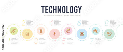 technology concept infographic design template. included electrical plug, plug with circular cable, cassette tape, fryer, eolic, ecologic bulb icons