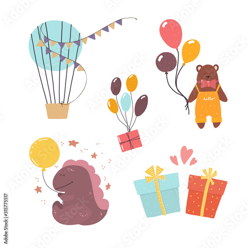 Birthday bear with balloons, great design for any purposes. Abstract vector isolated illustration. Colorful vector illustration. Baby collection. Happy birthday card. Design element.