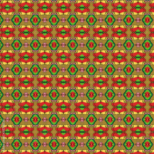 Gold red seamless pattern with colorful flowers © damaisin1979