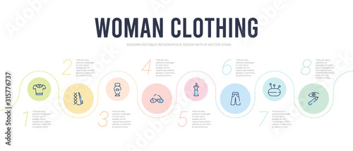 woman clothing concept infographic design template. included eyeliner pencils, needle case, rectangular, female long black dress, eyeglasses, stylish perfume bottle icons