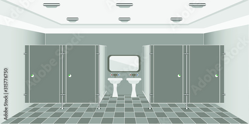 public toilet interior. with washbasins and a mirror