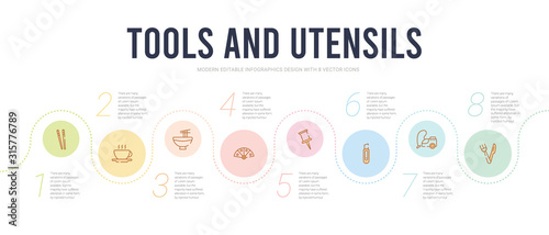 tools and utensils concept infographic design template. included kitchen utensils, house things, paper cutter, push pins, chinese fan, bowl and chopsticks of japan icons
