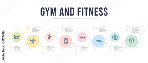 gym and fitness concept infographic design template. included iron shoot, power ball, arms extender, sleep, to do list, vegetables juice icons