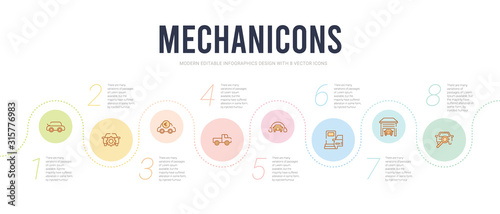 mechanicons concept infographic design template. included searching for car, car in a garage, car at gas station, and headphones, pick up truck, sale in euros icons