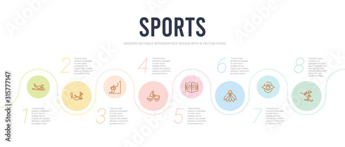 sports concept infographic design template. included biathlon, brazilian, equipment, basketball court, motorbike riding, trekking icons