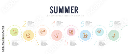 summer concept infographic design template. included fish and hook, funicular, hotel hanging, island with palm trees, jumping dolphin, life guard icons