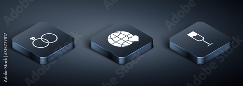 Set Isometric Wedding rings, Glass of champagne and The heart world love icon. Vector