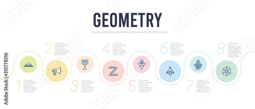 geometry concept infographic design template. included polygonal hexagonal, polygonal house or home building, polygonal jet aircraft, jewel, letter z of small triangles, martini glass shape icons