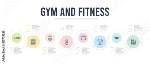 gym and fitness concept infographic design template. included gym ladder, gymnastic roller, headgear, horizontal bar, hydratation, isotonic icons