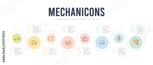 mechanicons concept infographic design template. included bus in reparation, garage elevator, cargo truck facing left, cross car, triangular tent, emergency car facing right icons