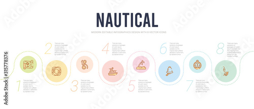 nautical concept infographic design template. included bait, barometer, boat bell, buoys, frigate, knot icons