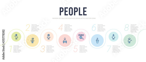 people concept infographic design template. included male reporter, articulation, speaker at a conference, people searcher, worker thinking, buyer support icons