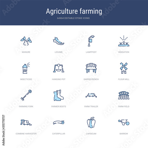 set of 16 vector stroke icons such as barrow, capsicum, caterpillar, combine harvester, farm field, farm trailer from agriculture farming concept. can be used for web, logo, ui\u002fux