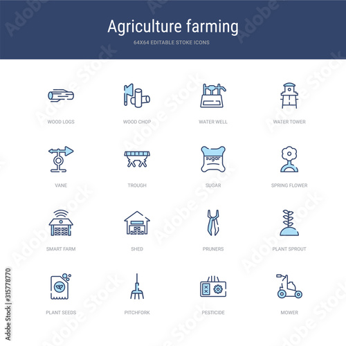 set of 16 vector stroke icons such as mower, pesticide, pitchfork, plant seeds, plant sprout, pruners from agriculture farming concept. can be used for web, logo, ui\u002fux