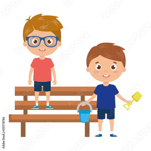 boys with bucket and tools to play in park chair on white background