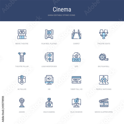 set of 16 vector stroke icons such as movie clapper open, plus 18 movie, dslr camera, award, people watching a movie, 1080p full hd from cinema concept. can be used for web, logo, ui\u002fux