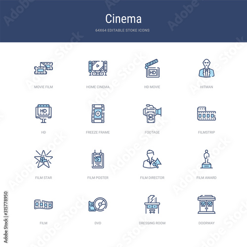 set of 16 vector stroke icons such as doorway, dressing room, dvd, film, film award, film director from cinema concept. can be used for web, logo, ui\u002fux