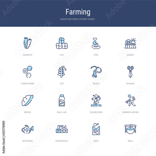 set of 16 vector stroke icons such as well, seed, straw bale, watering, farmer hoeing, scarecrow from farming concept. can be used for web, logo, ui\u002fux