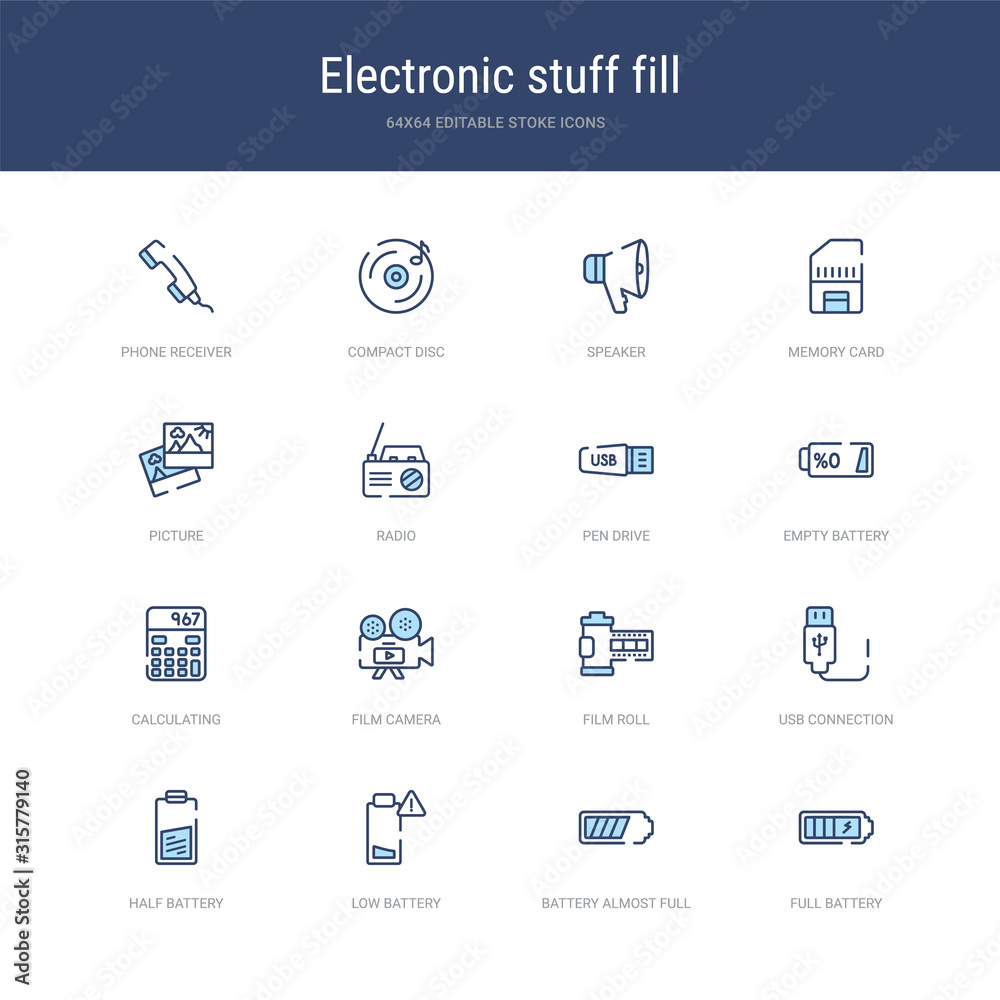 set of 16 vector stroke icons such as full battery, battery almost full, low battery, half usb connection, film roll from electronic stuff fill concept. can be used for web, logo, ui\u002fux set of 16 vector stroke icons such as full battery, battery almost full, low battery, half usb connection, film roll from electronic stuff fill concept. can be used for web, logo, ui\u002fux